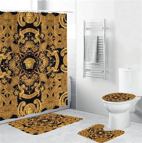 gold versace bathroom set|Versace towels set.